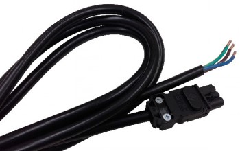 Schneider Electric 3-meter connection cable for LED luminaires, 230V Close-up of a black connection cable showing open wire ends and an IEC standard connector.