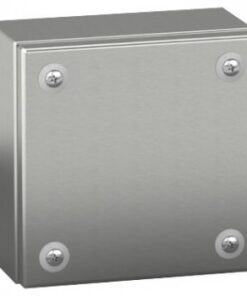 Schneider Electric Spacial SBX installation enclosure, stainless steel Square stainless steel installation enclosure with four screw mounting points and a smooth metal surface.