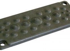 Schneider Electric FL21 multi-flange, 25 openings Dark gray rectangular multi-flange with 25 raised circular openings and four screw holes in the corners.