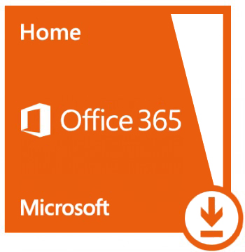 Microsoft Office 365 Family logo with an orange background and a download icon in the bottom right corner.