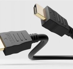 Black HDMI cable with gold connectors in close-up against a light background.