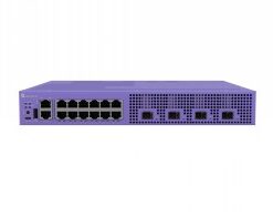 Purple 12-port network and PoE switch photographed from the front, with grid-like ventilation grille on the right.