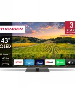 Thomson 43-inch QLED TV, Google smart features. The screen displays a colorful landscape image and streaming service logos.