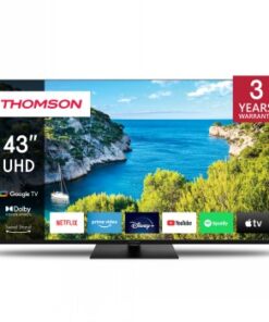 Thomson 43-inch UHD Smart TV with a black border and a bright landscape on the screen.