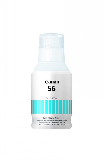 Canon's blue GI-56 ink bottle with a white label and cyan color code.