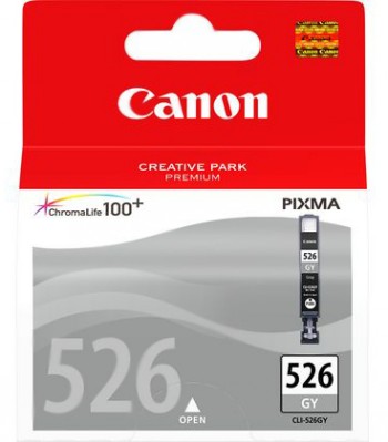 Canon CLI-526 grey ink cartridge in packaging with a red top and Pixma logo.