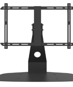Multibrackets M TV TABLESTAND PLAY BLACK table stand Front view of a black metallic TV table stand with a frame and flat base.