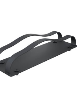 Metal part of a Multibrackets floor stand with curved supports. A dark metallic floor stand part with curved supports and a rectangular base plate.