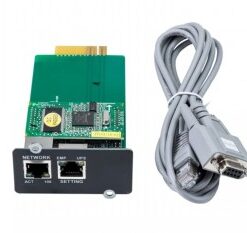 ABB's SNMP card and gray cable on a table, the card has network ports and indicator lights.