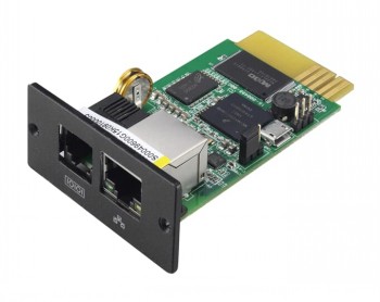 ABB Powervalue 11 RT G2 1-3 KVA card, green circuit board, black front panel, two network connectors.
