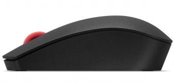 Lenovo Essential wireless mouse with a modern design Side profile of a black wireless mouse, red scroll wheel visible on top.