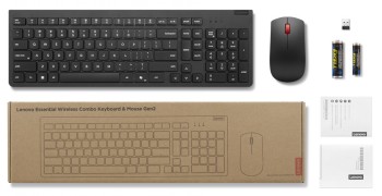 Lenovo Essential Wireless Keyboard and Mouse G2 FIN/SWE Wireless black keyboard and mouse, includes batteries, USB receiver, and cardboard packaging.