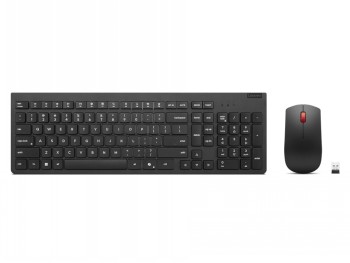 Black wireless keyboard and mouse with a USB receiver. The keyboard features chiclet-style keys.