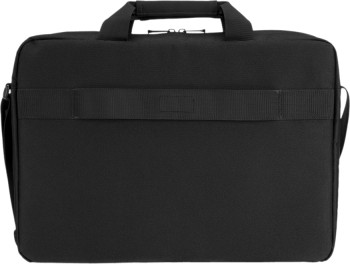 Lenovo Basic 15.6-inch topload bag as a stylish and compact option. Black Lenovo laptop bag with a handle and a shoulder strap, viewed directly from the front.