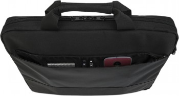 Lenovo Basic Topload Case 15.6” - laptop bag with a front pocket Black Lenovo 15.6-inch topload bag opened, showcasing the contents of the front pocket, such as pens, a phone, and accessories.