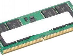 DDR5 memory stick with a green circuit board and golden connection points, pictured from above.