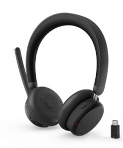 Lenovo Dual-Mode ANC headphones with USB-C connectivity and Teams support. Black wireless Lenovo headphones with a boom microphone and USB-C connector on a white background.