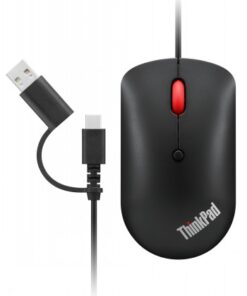Lenovo USB-C Wired Compact Mouse black wired mouse A black Lenovo USB-C wired mouse with the ThinkPad logo and a red scroll wheel. The USB-C cable is visible.