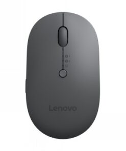 Gray wireless Lenovo mouse, minimalist design, pictured from above.