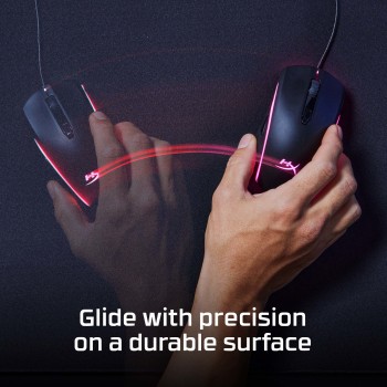 HYPERX PULSEFIRE MAT - medium-sized mouse pad for precise use. A medium-sized black HYPERX mouse pad with a hand moving a lit gaming mouse on it.