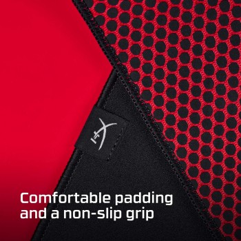 HyperX Pulsefire Mat non-slip mouse pad, red and black design. Red and black HyperX Pulsefire Mat mouse pad with a mesh pattern and non-slip base.