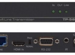 Black HDMI line transmitter TP-580TXR, buttons and connectors visible from front and back.