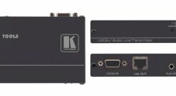 Black Kramer TP-121XL video and audio transmitter, three connection interfaces, precise front and rear view.
