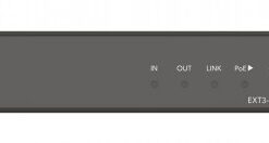 The front panel of the black rectangular KRAMER EXT3-H-POE-R switch, featuring multiple indicator lights and connections.