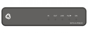 KRAMER EXT3-H-POE-R switch with front panel The front panel of the black rectangular KRAMER EXT3-H-POE-R switch, featuring multiple indicator lights and connections.