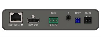 Kramer EXT3-H-POE-R, high-performance connectivity device. Kramer EXT3-H-POE-R rear panel with connections such as HDBT In, HDMI Out, and RS-232, black frame.