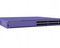 Purple network switch with 24 SFP+ ports and two QSFP28 ports, angled front-right view.