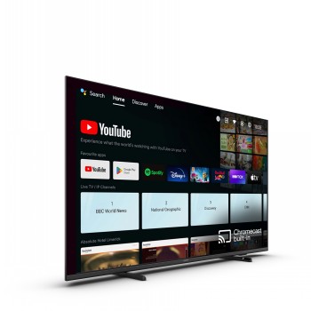 55-inch Philips Hospitality TV, slim black frame and a display on a stand showing popular streaming services.