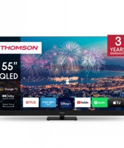 Thomson 55-inch QLED Plus UHD Google Smart TV with a city night view and fireworks.