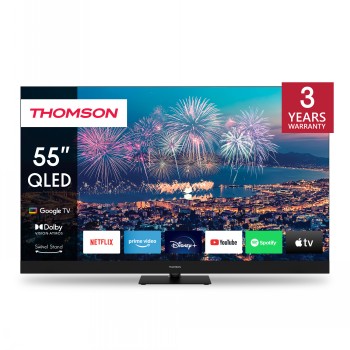 Thomson 55-inch QLED Plus UHD Google Smart TV with a city night view and fireworks.