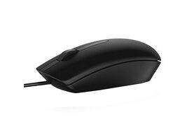 Dell MS116 optical mouse, black ergonomic design Black Dell wired optical mouse, side profile view, simple and ergonomic design.