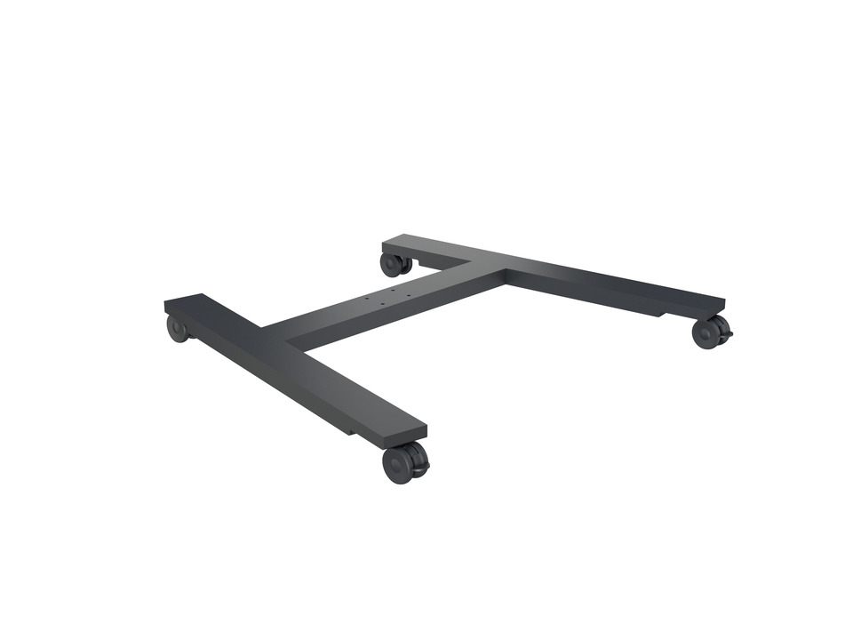 A black wheeled stand with a minimalist design on a light background.