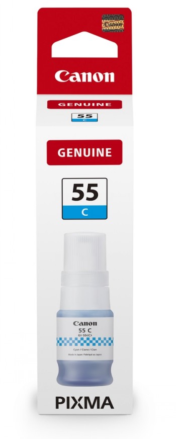 Canon GI-55 C blue ink bottle, white cap, in original packaging.
