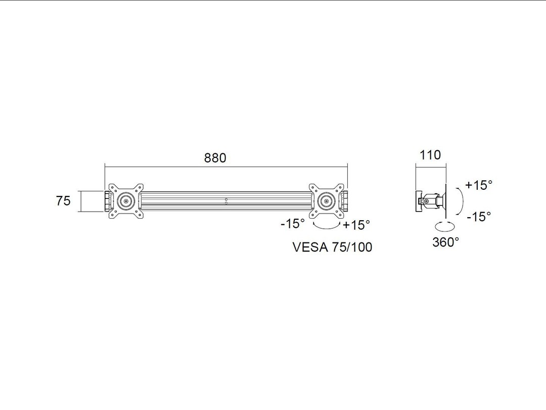 Multibrackets dual monitor stand 15-32 inches, silver Technical drawing of a silver dual monitor stand with adjustable brackets for monitors sized 15-32 inches.