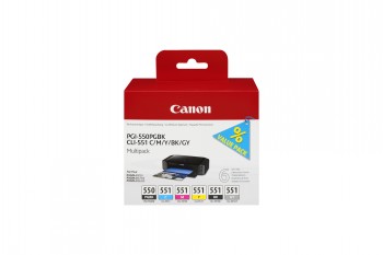 Canon ink cartridge set with six different colored inks in a red package.