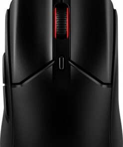 Black HyperX Pulsefire Haste 2 gaming mouse viewed from above, red scroll wheel and sleek design.