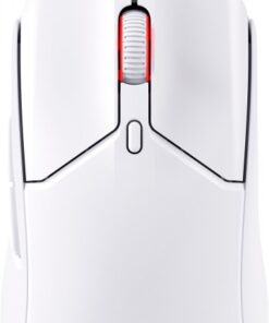 White HyperX Pulsefire Haste 2 gaming mouse, top view, red scroll wheel and sleek design.