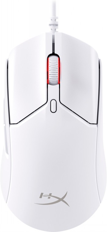HyperX Pulsefire Haste 2 gaming mouse, stylish white model White HyperX Pulsefire Haste 2 gaming mouse, top view, red scroll wheel and sleek design.
