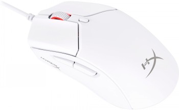 HyperX Pulsefire Haste 2 gaming mouse, white ergonomic design. White HyperX Pulsefire Haste 2 gaming mouse, ergonomic design with a red detail on the scroll wheel.