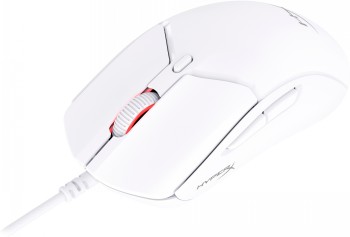 HyperX Pulsefire Haste 2 ergonomic white gaming mouse. White HyperX Pulsefire Haste 2 gaming mouse, ergonomic design, and red scroll wheel.