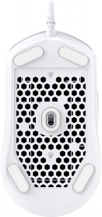 HyperX Pulsefire Haste 2 gaming mouse, precise and lightweight design HyperX Pulsefire Haste 2 mouse viewed from below, white design, honeycomb pattern with ventilation.