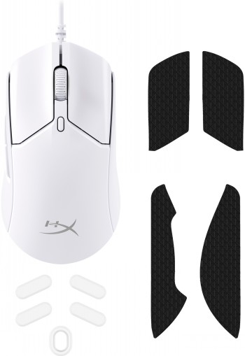 HyperX Pulsefire Haste 2 mouse and accessories White HyperX Pulsefire Haste 2 mouse and included accessories such as grip tapes and button covers.
