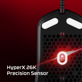 HyperX Pulsefire Haste 2 mouse and 26K Precision sensor The bottom of the white HyperX Pulsefire Haste 2 mouse designed for gaming, featuring a red 26K Precision sensor and honeycomb...