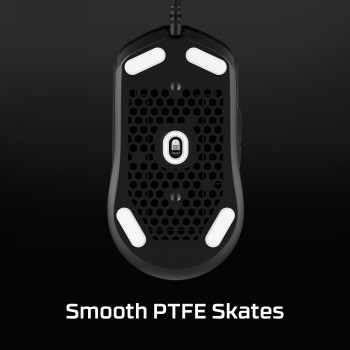 Bottom of the HyperX Pulsefire Haste 2 gaming mouse and PTFE skates The bottom of the gaming mouse featuring white PTFE skates and a honeycomb design.