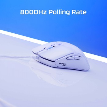 HyperX Pulsefire Haste 2 gaming mouse, white A white HyperX Pulsefire Haste 2 gaming mouse tilted against a blue background.