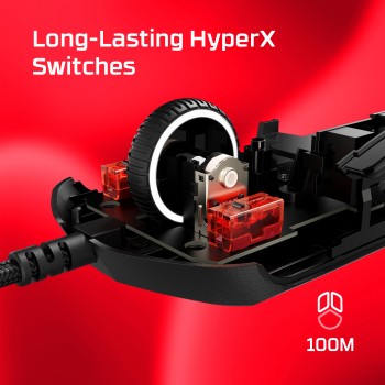 HyperX Pulsefire Haste 2 mouse in white, featuring a durable design. Close-up of the HyperX Pulsefire Haste 2 mouse, white body and red internal structure, highlighting the durable switch-related technology.